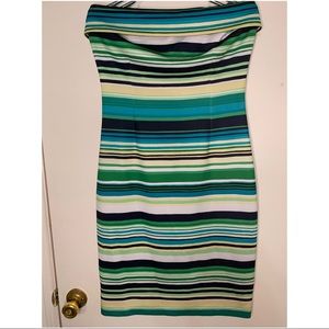 Green strapless sheath dress with multi color stripes